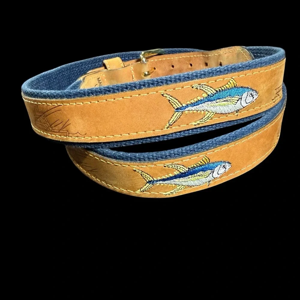 Zep Pro Leather Embroidered Yellow Fin Yellowfin Tuna Belt Mens Size 42 Made USA